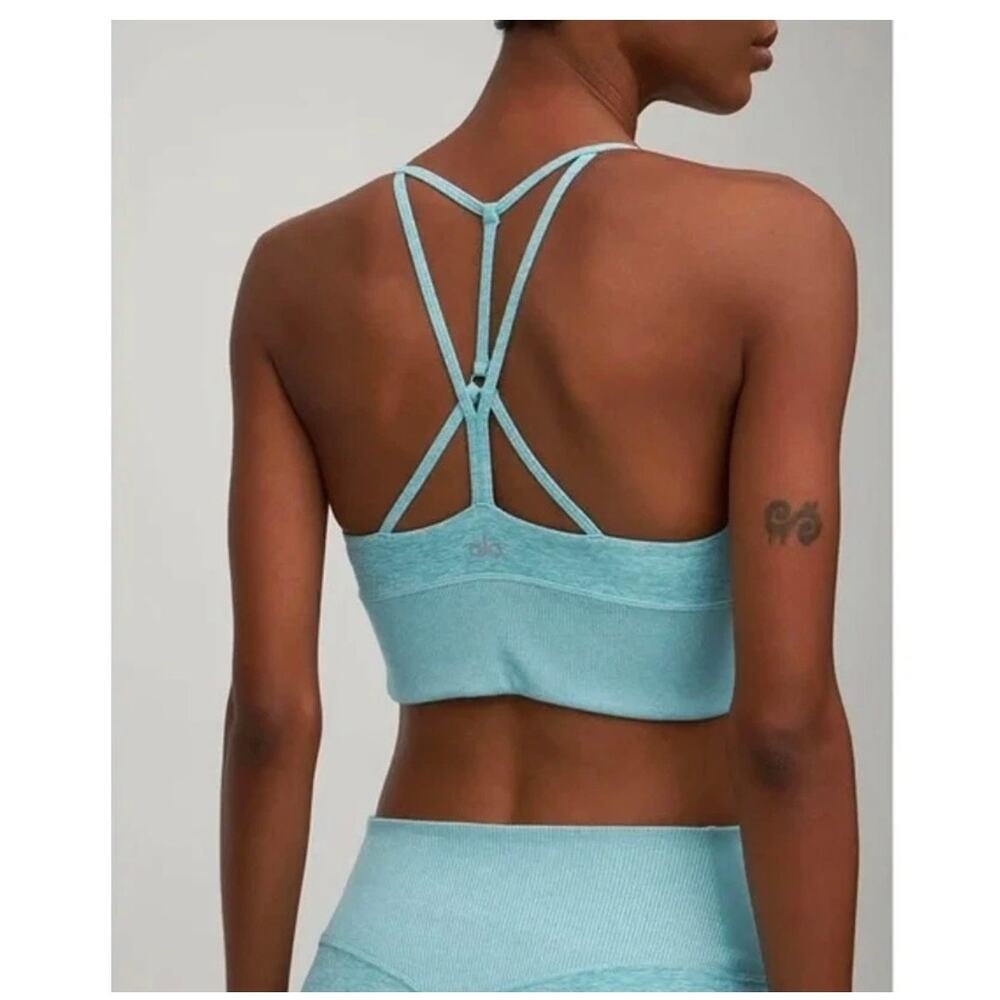 Alo Yoga Alosoft Lavish Bra Aqua Heather Blue Strappy Back Yoga Sports Bra Small